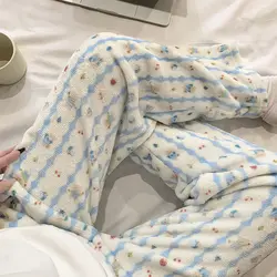 Stripe Bear Fluffy Plus Size Pajamas Pants Women Christmas PJ Pants Korean Warm Flannel Sleepwear Pyjamas Shoujo Kawaii Trousers
