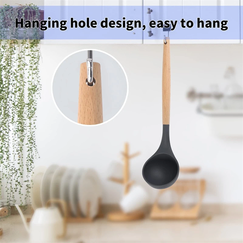 Silicone Soup Ladle Heat Resistant Ladle Spoons With Wood Handle Non-Stick Kitchen Cooking Spoon Serving Scoop For Sauce Soup