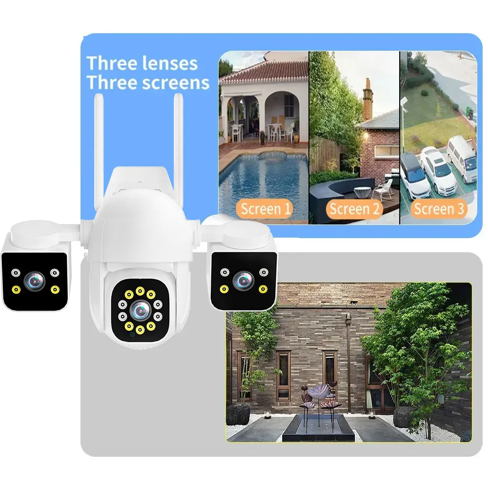 6K 12MP 3 Lens 3 Screens  Ai Motion Tracking PTZ 4K Video WiFi Outdoor Camera  Security surveillance Camera IPC360 Home
