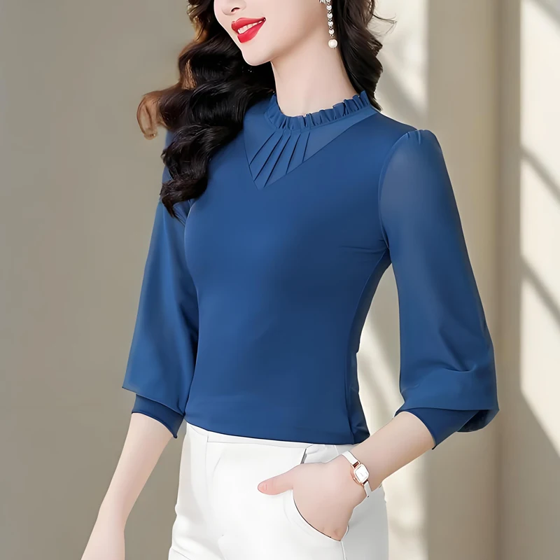 

Женская осенняя одежда, сетчатая блузка с длинными рукавами, новинка 2025 года, модная эластичная тонкая женская футболка, однотонные повседневные пуловеры, рубашки