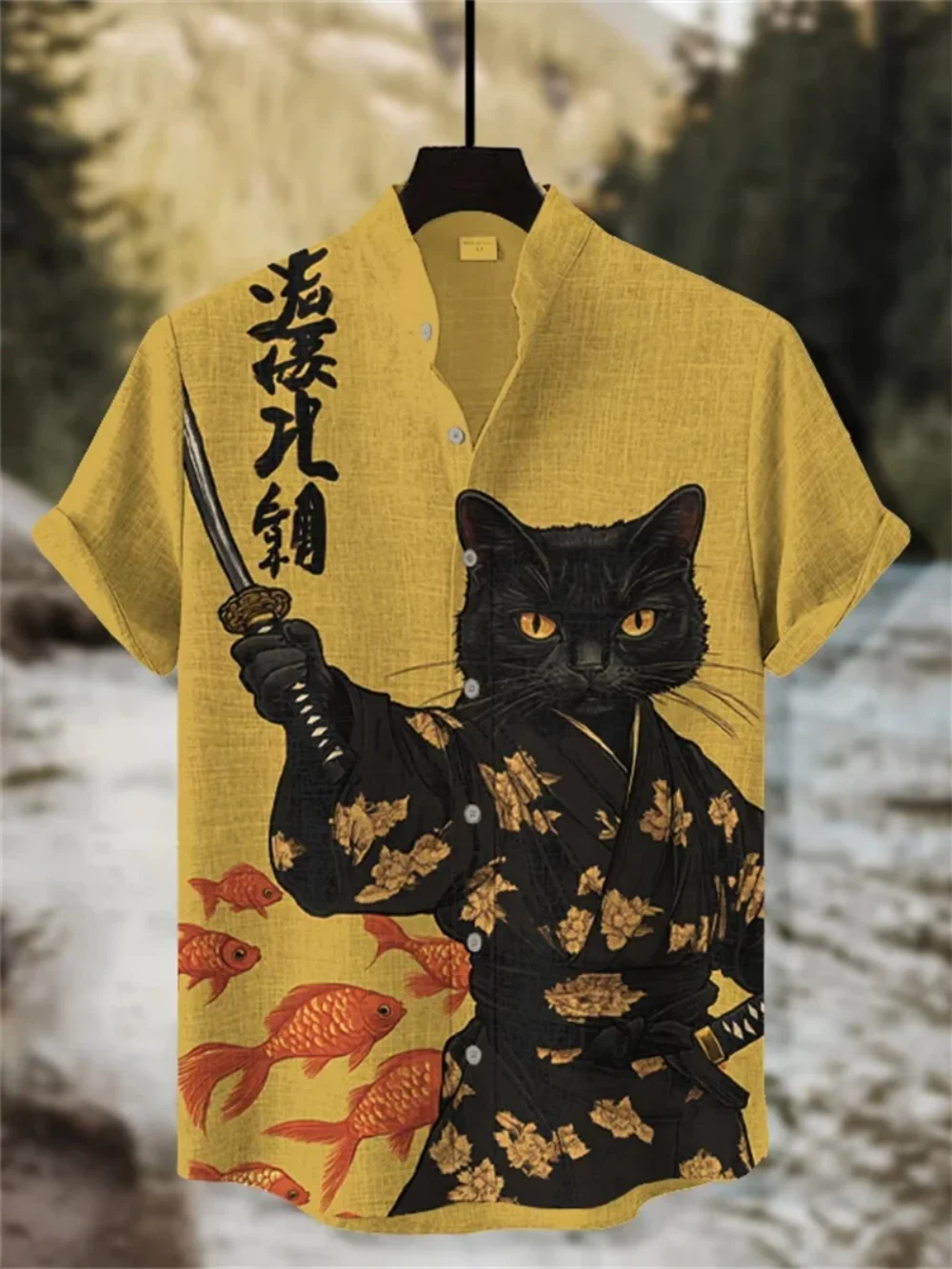 

Men's Fashionable Linen Shirt Stand up Collar Short Sleeve Animal Print Breathable Loose Summer Clothing