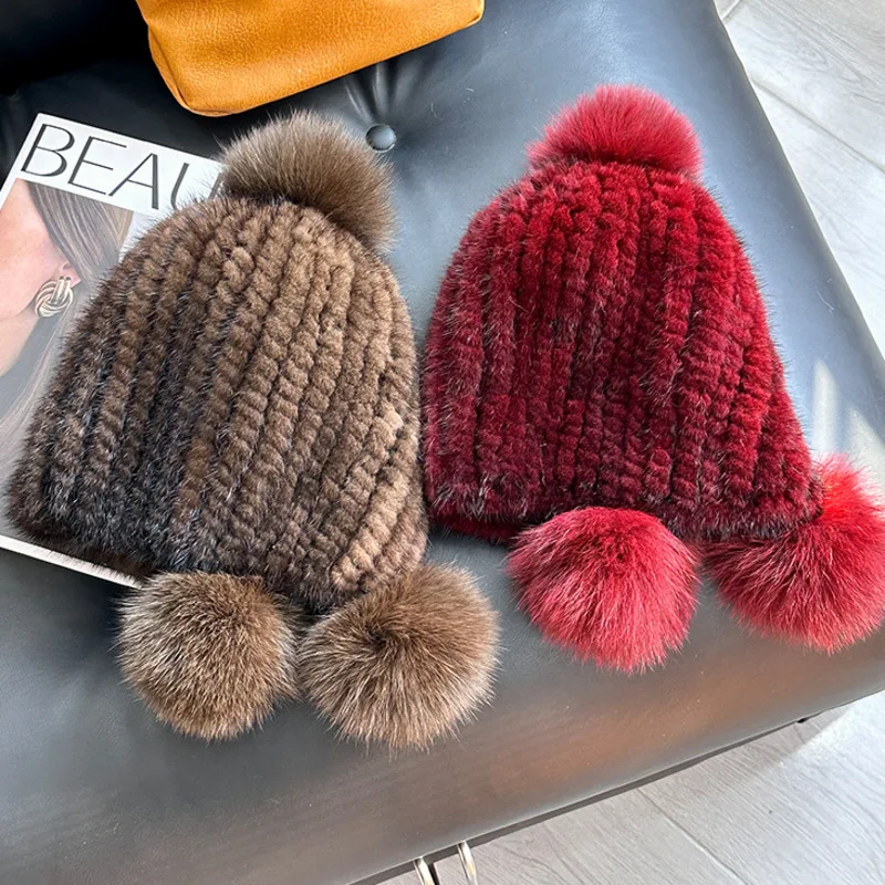 

real Mink Fur Hat For Women Winter Warm Fur Hat With Cute Fox Fur Ball Thickened Ear Protection Fur Caps Women Handmade Knit Hat