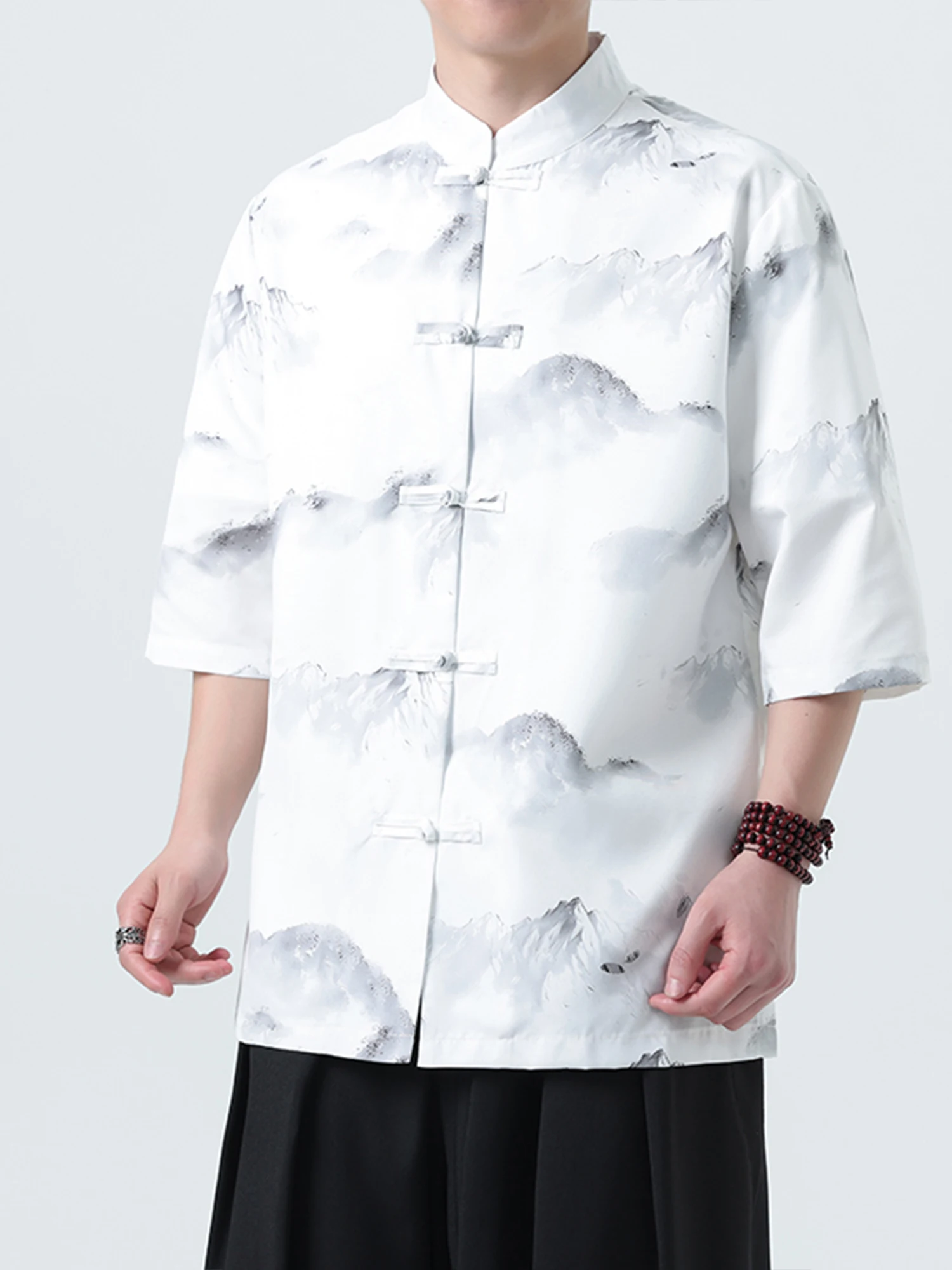 

Feng Tang ort Sve Men's irt Summer 2025 New Loose Large Size Stand Collar Retro Button Hanfu irt Breathable Polyeste...