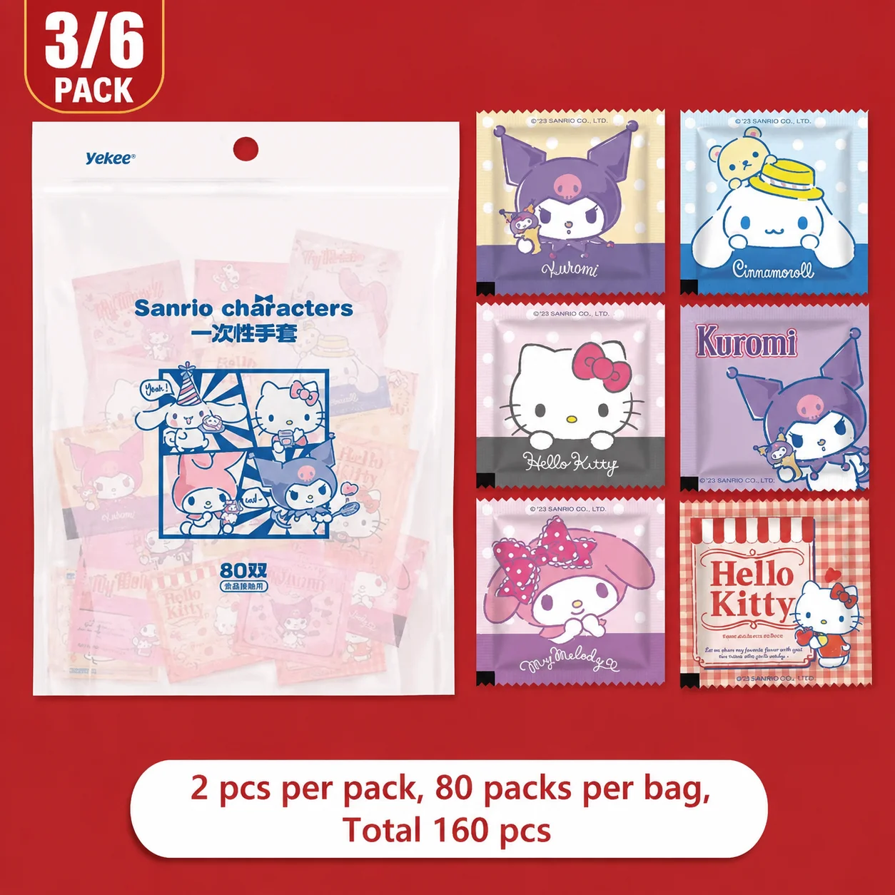 Sanrio wegwerphandschoenen van voedselkwaliteit, individueel verpakt, enkel paar handschoenen, oliebestendige, waterdichte, antislip textuur keukenhandschoenen