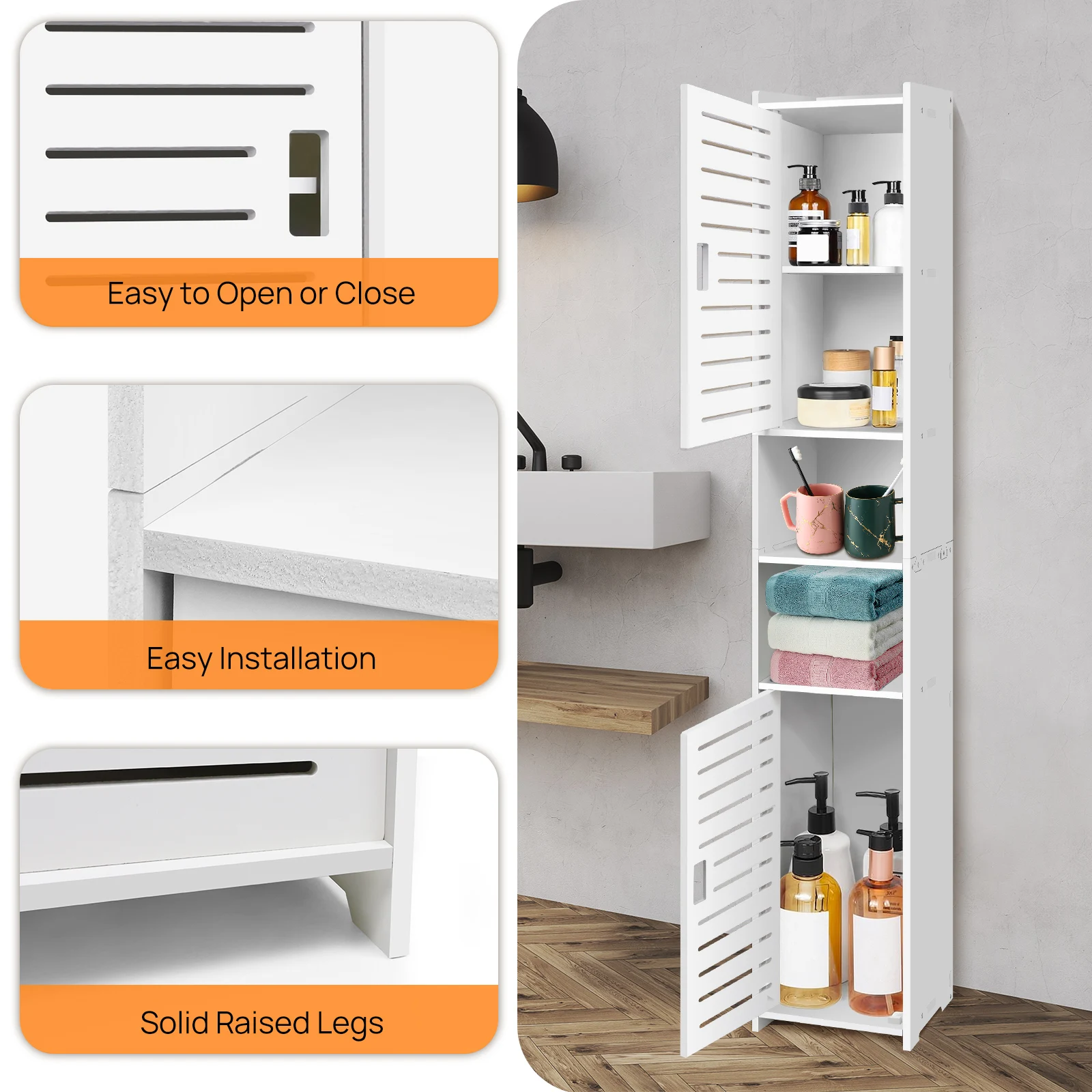 خزانة أرضية للحمام من 5 طبقات، خزانة تخزين بيضاء رفيعة مع باب ورفوف، خزانة تخزين قائمة بذاتها، مقاومة للماء
