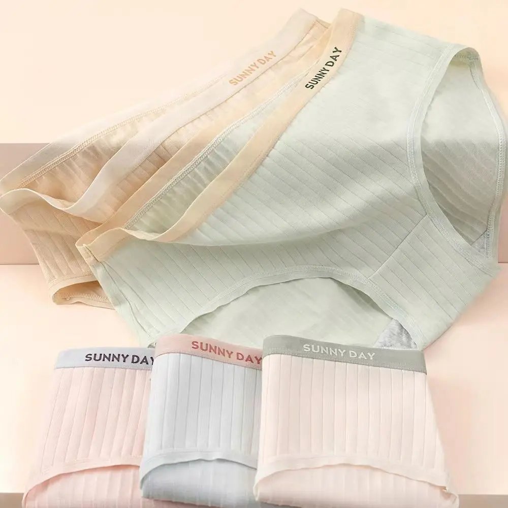 

4Pcs Comfortable Cotton Crotch Simple Briefs Letter Mid Waist Underwear for Women Candy Color Panties Stripe Underpants Girl