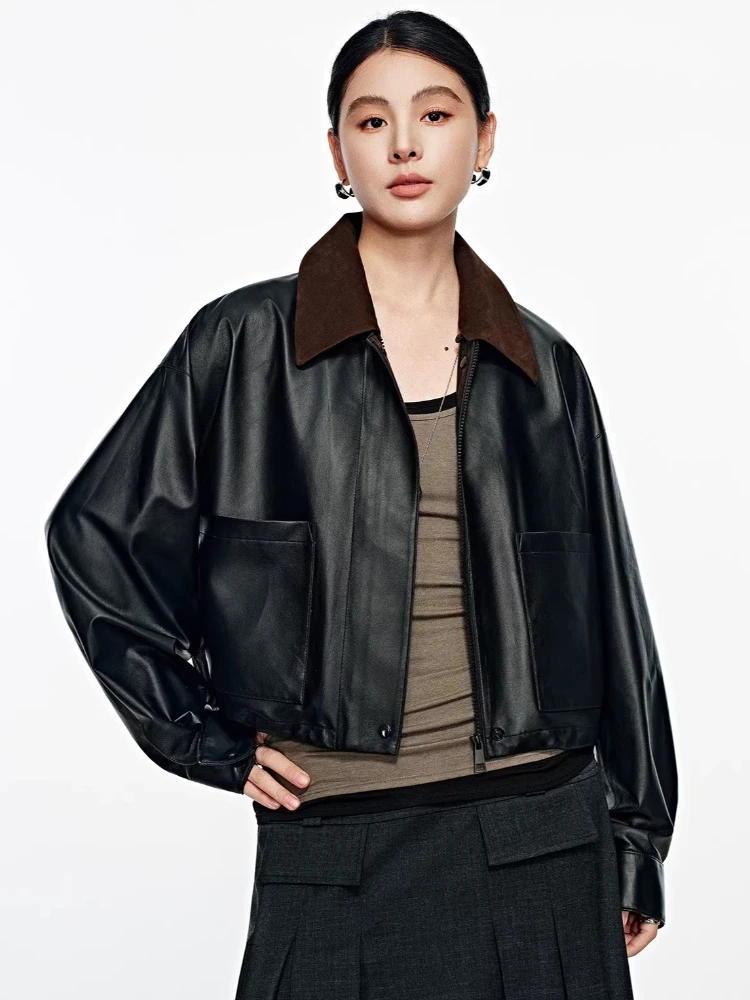

Casual Cropped Genuine Leather Jackets for Women Spring Autumn 2026 New High-end Simple Thin Solid Soft Real Sheepskin Coat