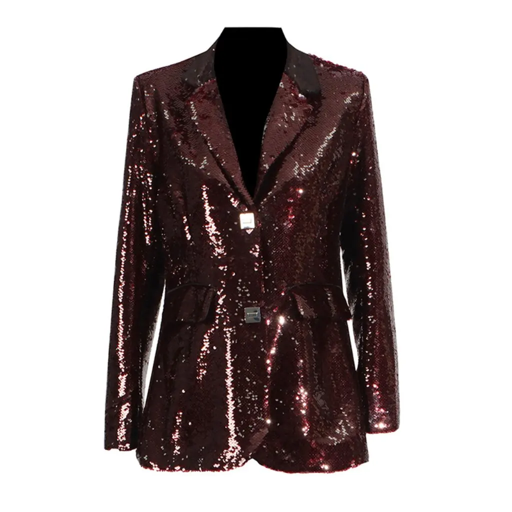Women's Sequin Design Slimming Suit Jacket V-Neck Square Buckle European And American Style Spring New Top for Women