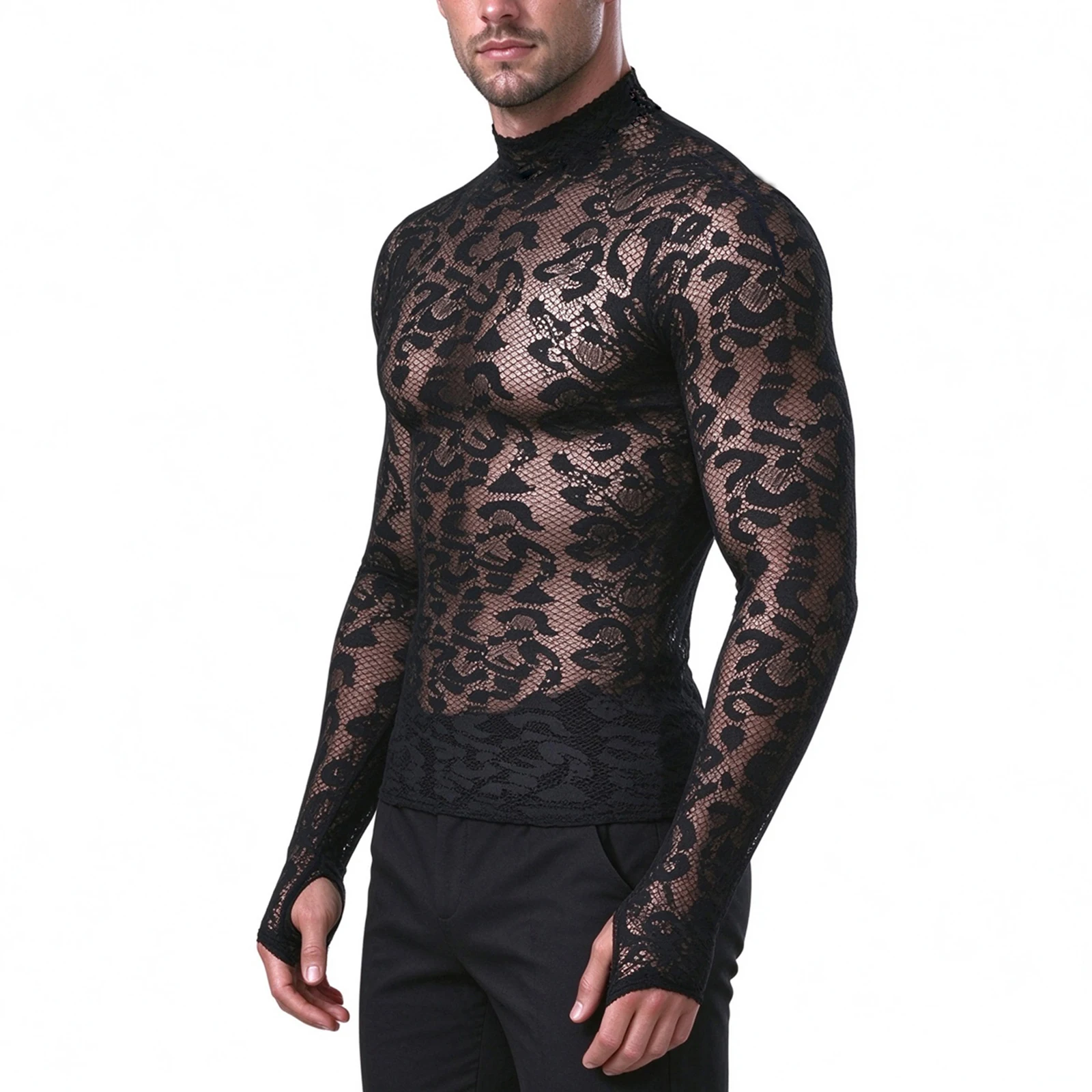 Sexy durchsichtiges Leoparden-T-Shirt, Netzstoff, langärmelig, Spitzen-Unterhemd, Herbst, Stehkragen-T-Shirt, transparente Oberteile mit Fingerbündchen – Detail 4