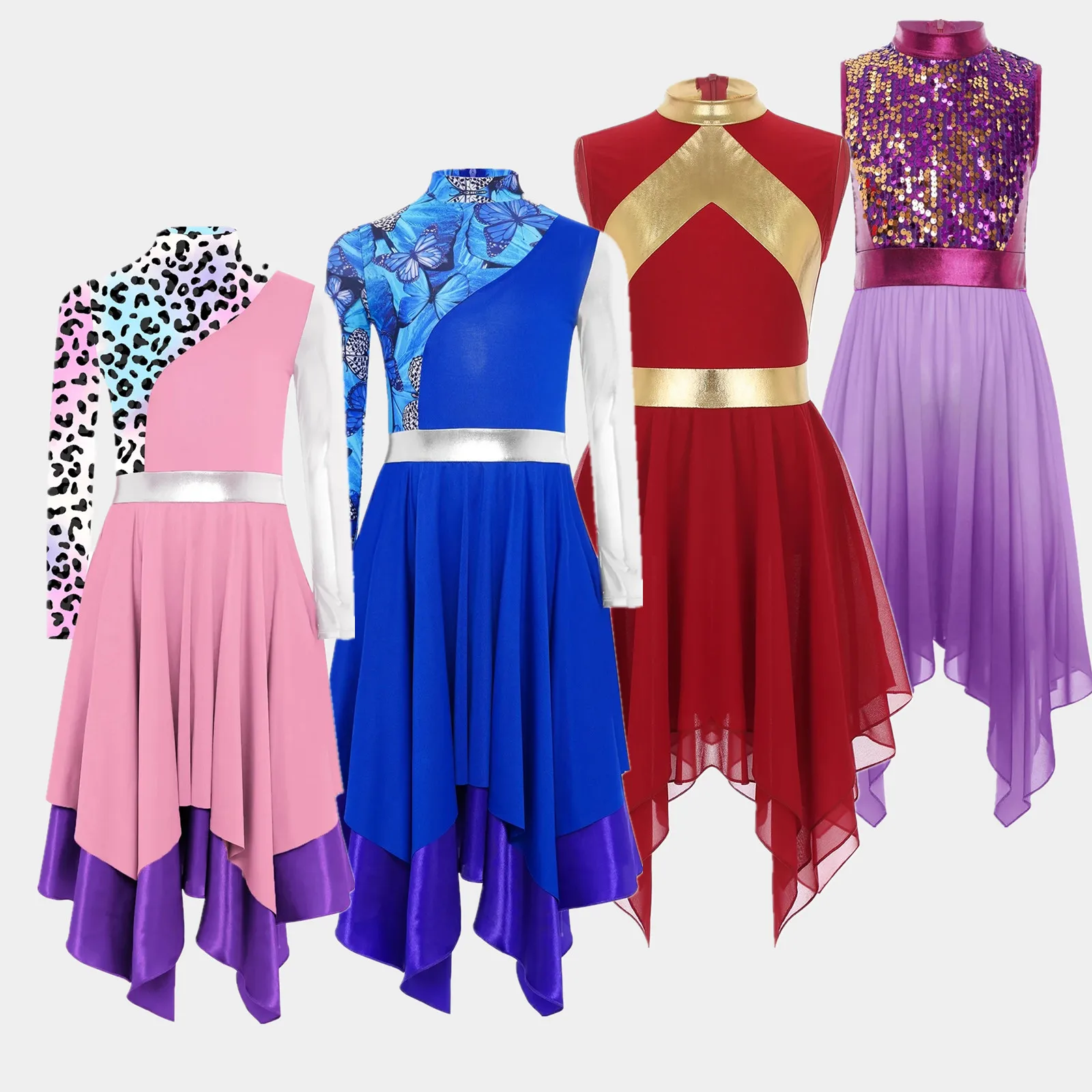 Kids Girls Liturgical Praise Modern Lyrical Dance Tunic Dresses Print Metallic Church Worship Dance Choir Performance Costume