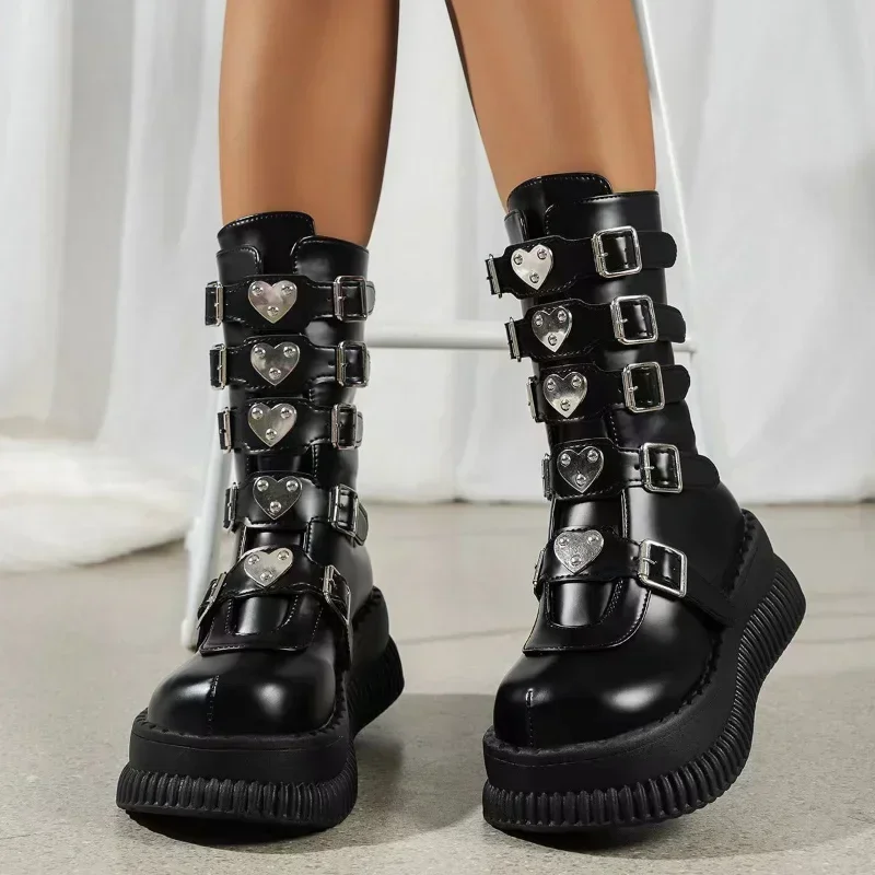 Women Black Gothic Platform Wedges Motorcycle Boots Female Punk  Thick Bottom  Boots Ladies Thick High Heels Party Shoes