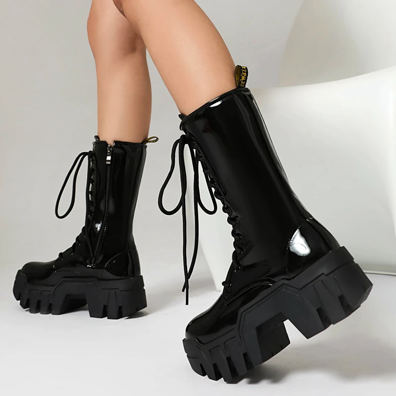Lace Up Sexy Women\'s Winter Fashion Platform Short Boots Punk High Heels Black Yellow Orange Zip Ankle Boots Autumn Gothic Shoes