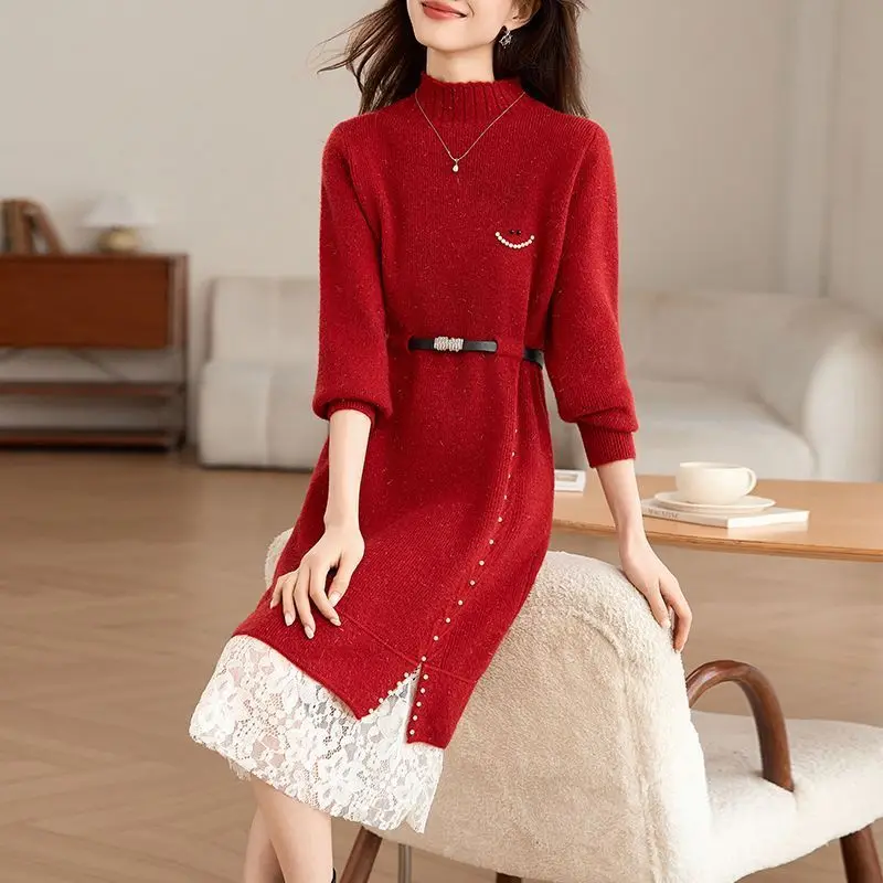 

Осенне-зимний свитер, женские платья с круглым вырезом, искусственное платье из двух предметов, женское новое корейское платье, свободные элегантные трикотажные юбки C150