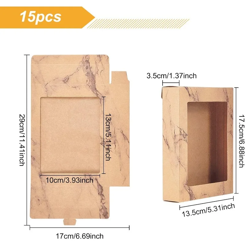 15 Packs 6.5x5x1.3 Inches Marble Brown Kraft Paper Bakery Box with Clear PVC Window Pastry Gift Box for Candy Cookies and Other