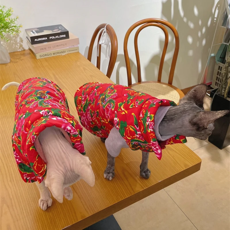 New Year Sphynx Cat Clothes Warm Waterproof Fleece Floral Jacket for Kittens Sweater for Devon Rex in Winter Thick Coat For Cats