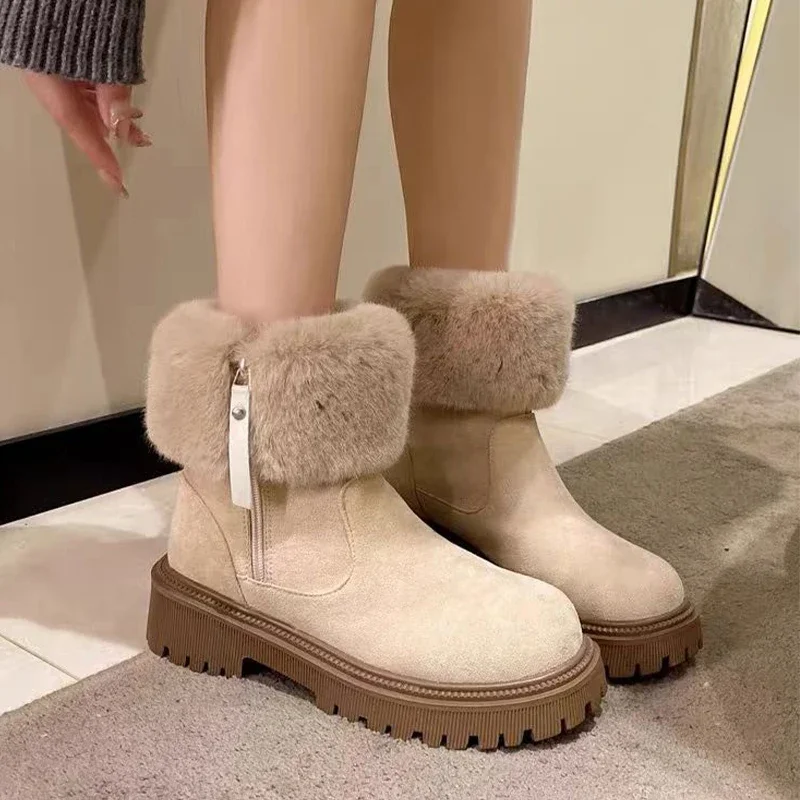 Women Ankle Warm Snow Boots Fur Flats Platform Shoes Winter New Suede Short Plush Cotton Shoes Fashion Brand Casual Mujer Botas