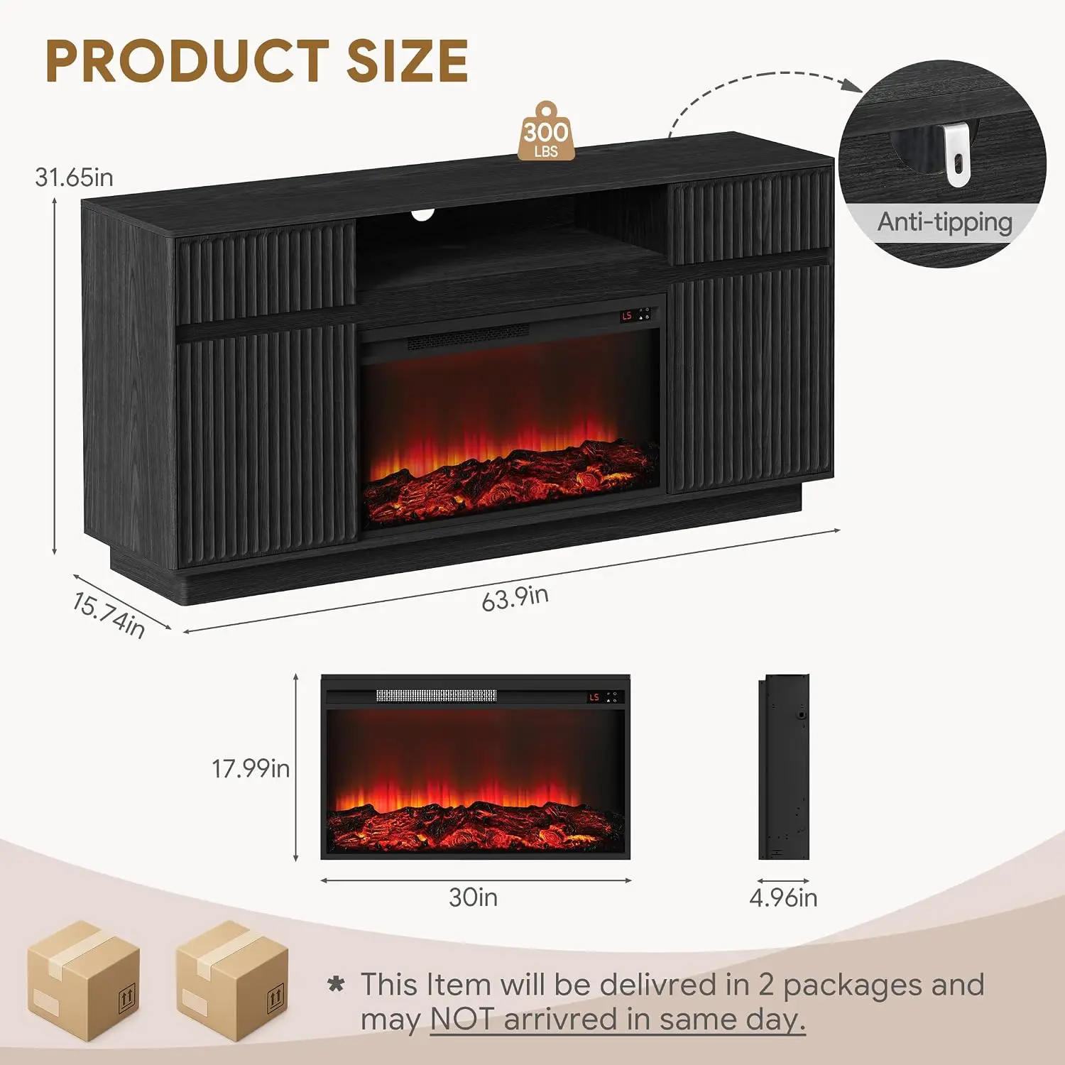 Modern Fireplace TV Stand with 30" Heater, Entertainment Center Fits 70" TV, Fluted Wood Console with Storage, Black, Customized