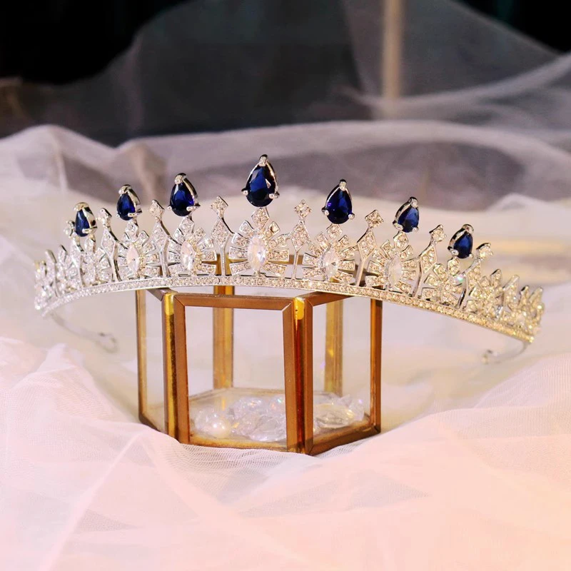 CC Luxury Crown Women Accessory Wedding Headpiece Engagement Hair Ornaments Bridal Dress Water Drop Shape Blue Color Tiara FO70