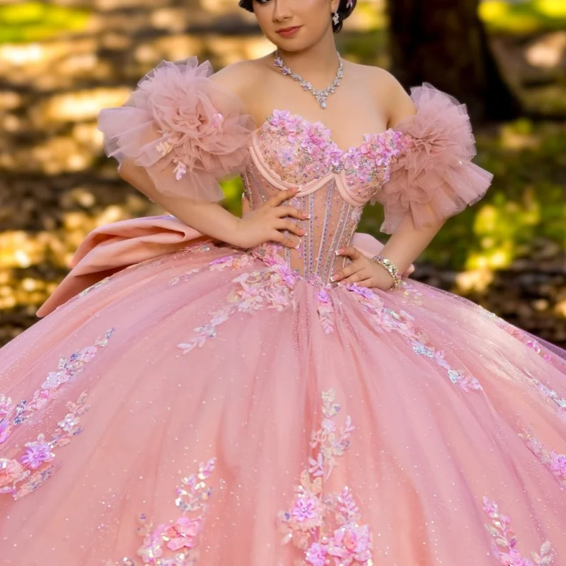 

Pink Quinceanera Dresses Off the Shoulder Glitter Flower Decal Lace Ruffles Long tail Bow Vestido De 15 Quinceanera Customize