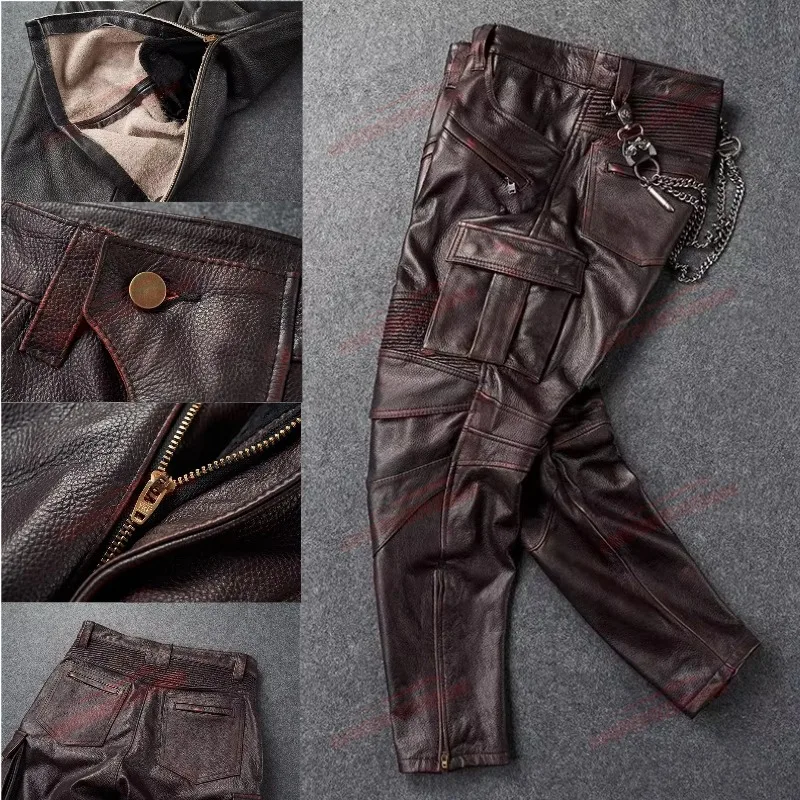 Unisex Retro Leather Motorcycle Riding Pants Waterproof Windproof Multi-pocket Biker Pants | Pantalones De Cuero Retro Para Moto