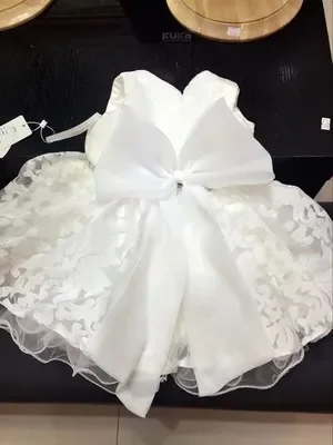 O tule branco grânulos o vestido para a menina, vestido do batismo do chiffon para o infante 1 aniversário do ano