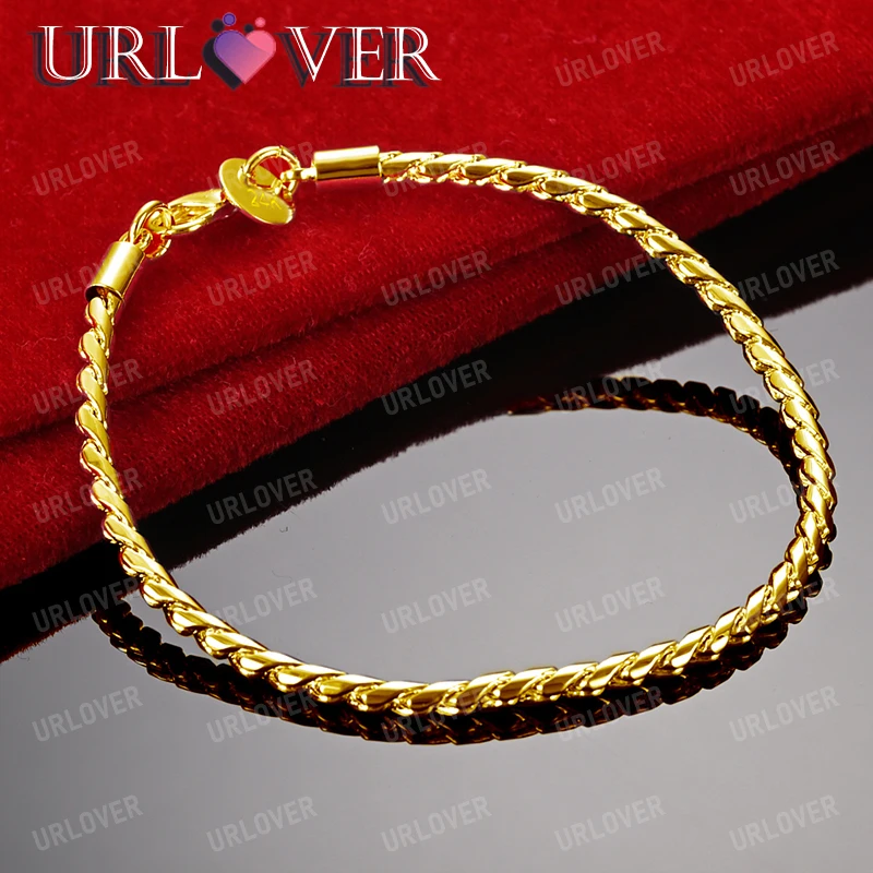 URLOVER 18K Gold 4mm Snake Hand Chain Bracelet For Woman Men Fashion Jewelry Engagement Bangles Wedding Party Birthday Gifts