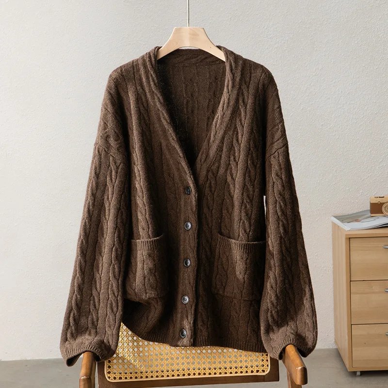 

Chunky Pure Wool Cable Cardigan Jacket Women Winter Warm Sweater