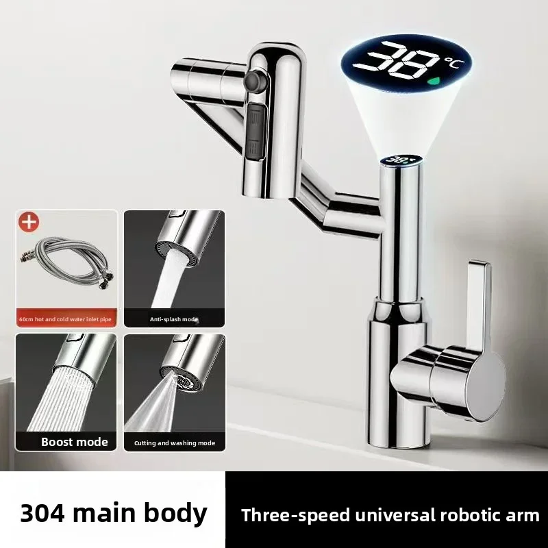 Mechanical Arm Digital Display Basin Faucets Hot and Cold Tap Universal Rotation Multifunctional Bathroom Faucets Deck Mounted