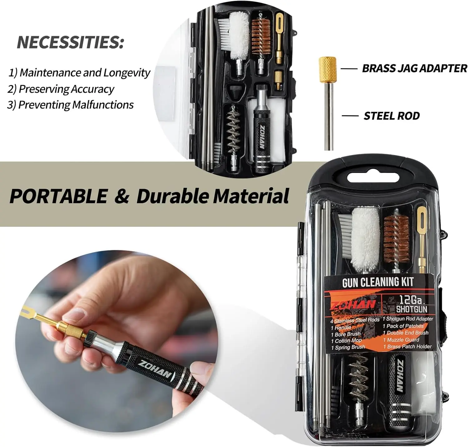 ZOHAN Gun Cleaning Kit Universal Gun Brush Tool for 12 Gauge Shotgun Cleaning Kit Gun Barrel Cleaner Portable Assembly Hunting