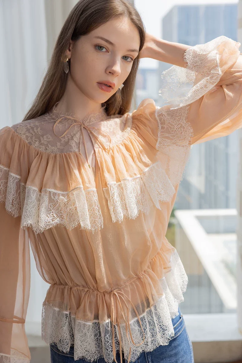 

Sexy Ladies Orange Shirt Silk Fashion Women's Pink Lace Blouse Casual Ruffles Transparent Top