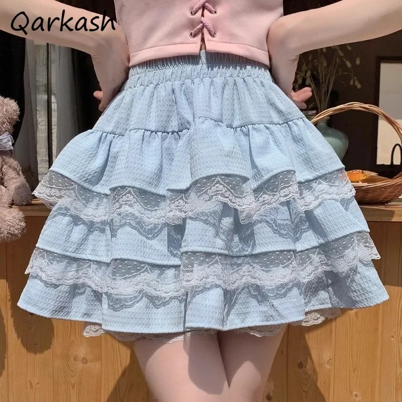 

Mini Cake Skirts Women A-line Japanese Style Kawaii Lovely Girls High Waist Summer Ruffles Lace Patchwork Popular Leisure Street