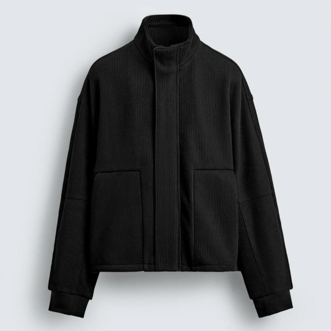 

Loose Fit Square Jacket New Winter Men's Fashion Black Ribbed Stand Collar Coat Casual Style Long Sleeve Zipper Closure
