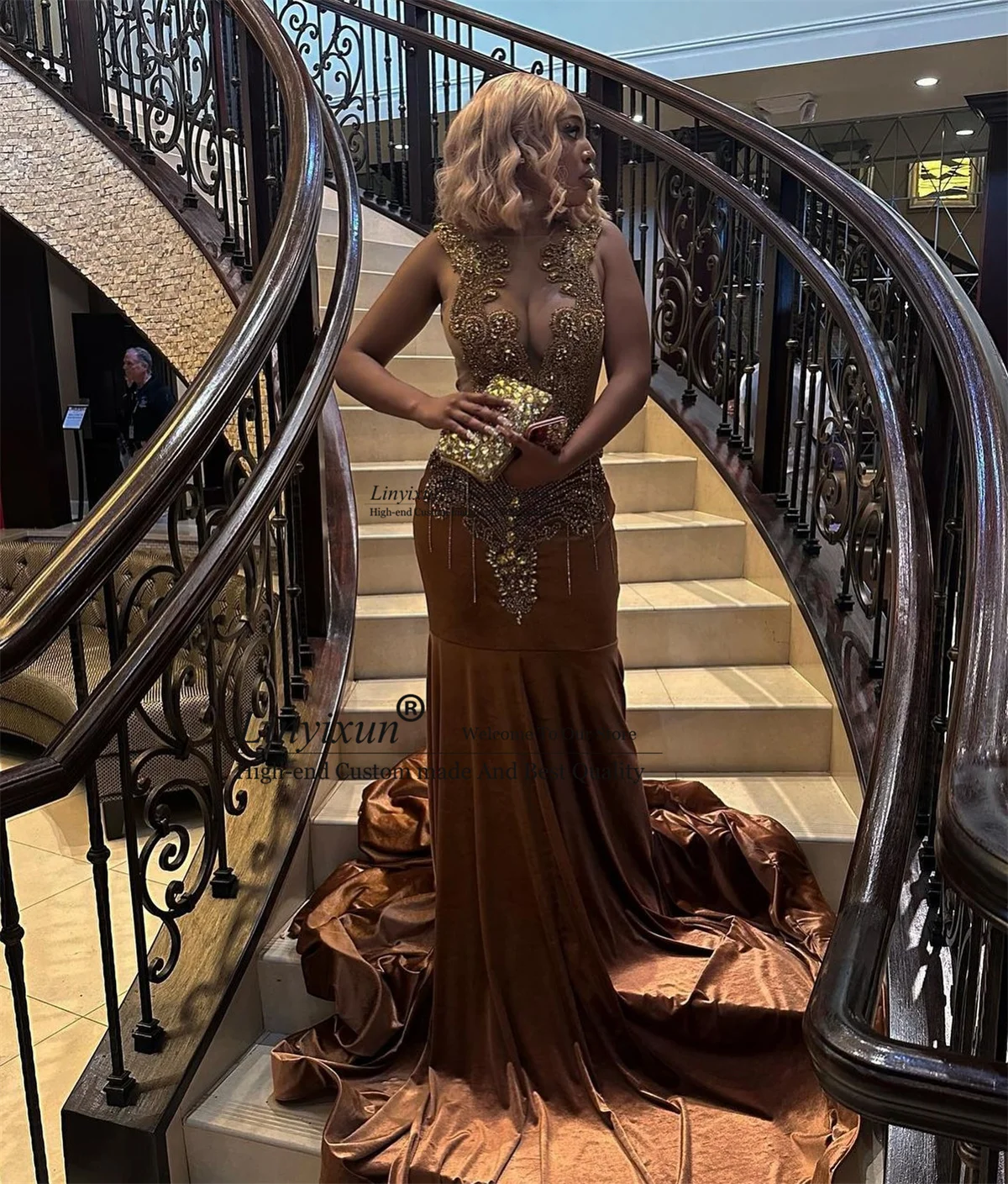 Luxury Beaded Gem Mermaid Prom Dresses For Black Girl Evening Party Gala Gown Long Brown Velvet Birthday vestidos de festa