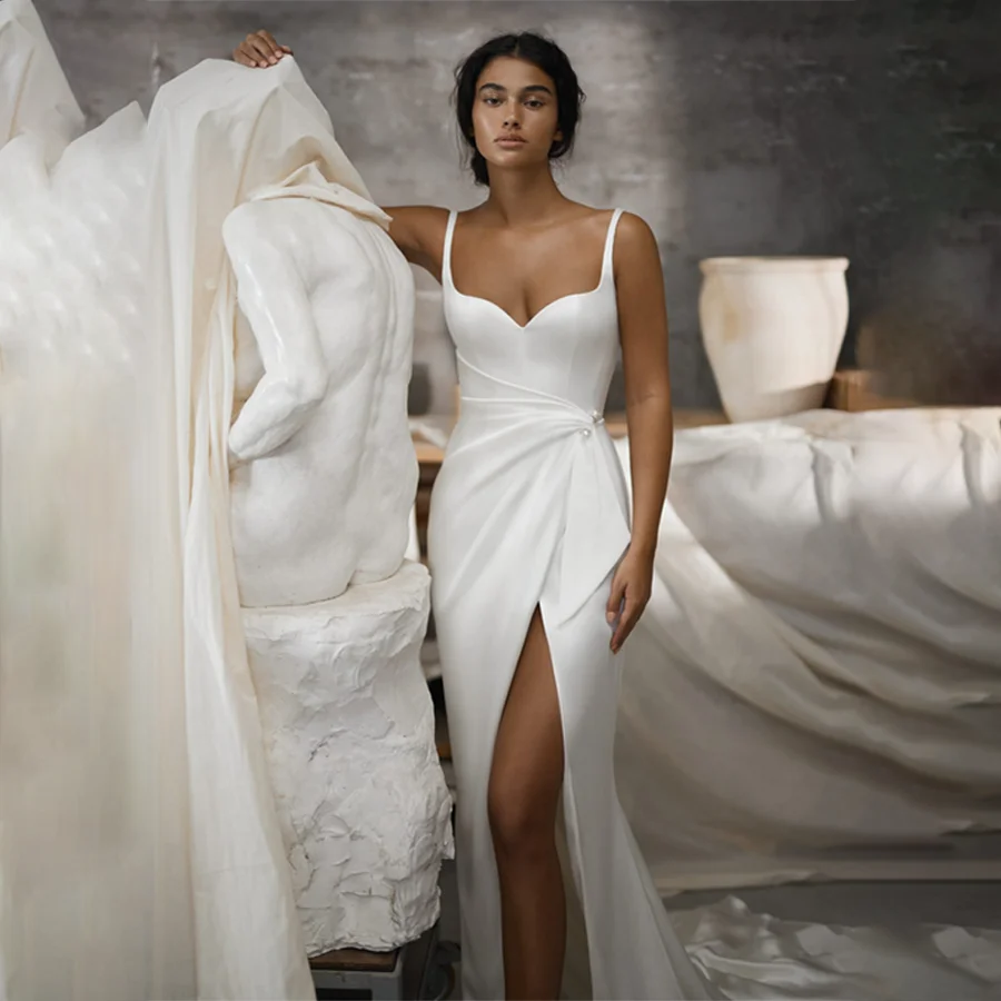 

Sweetheart Spaghetti Strap Sleeveless Front Split Satin Wedding Dress Backless Zipper Custom Made Mermaid Bridal Dresses