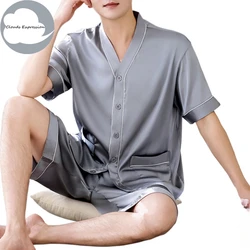 Summer L-4XL Silver Kimono Pyjamas Faux Silk Men's Pajama Sets Satin Pajama Male Sleepwear Pajamas Nightwear Homewear Fashion