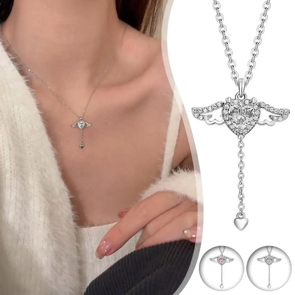 Crystal Angel Wings Heart Pendant Necklaces Ladies White 2024 Simple Elegant Necklace Love Jewelry Women Girl Pink Zircon Q8v7