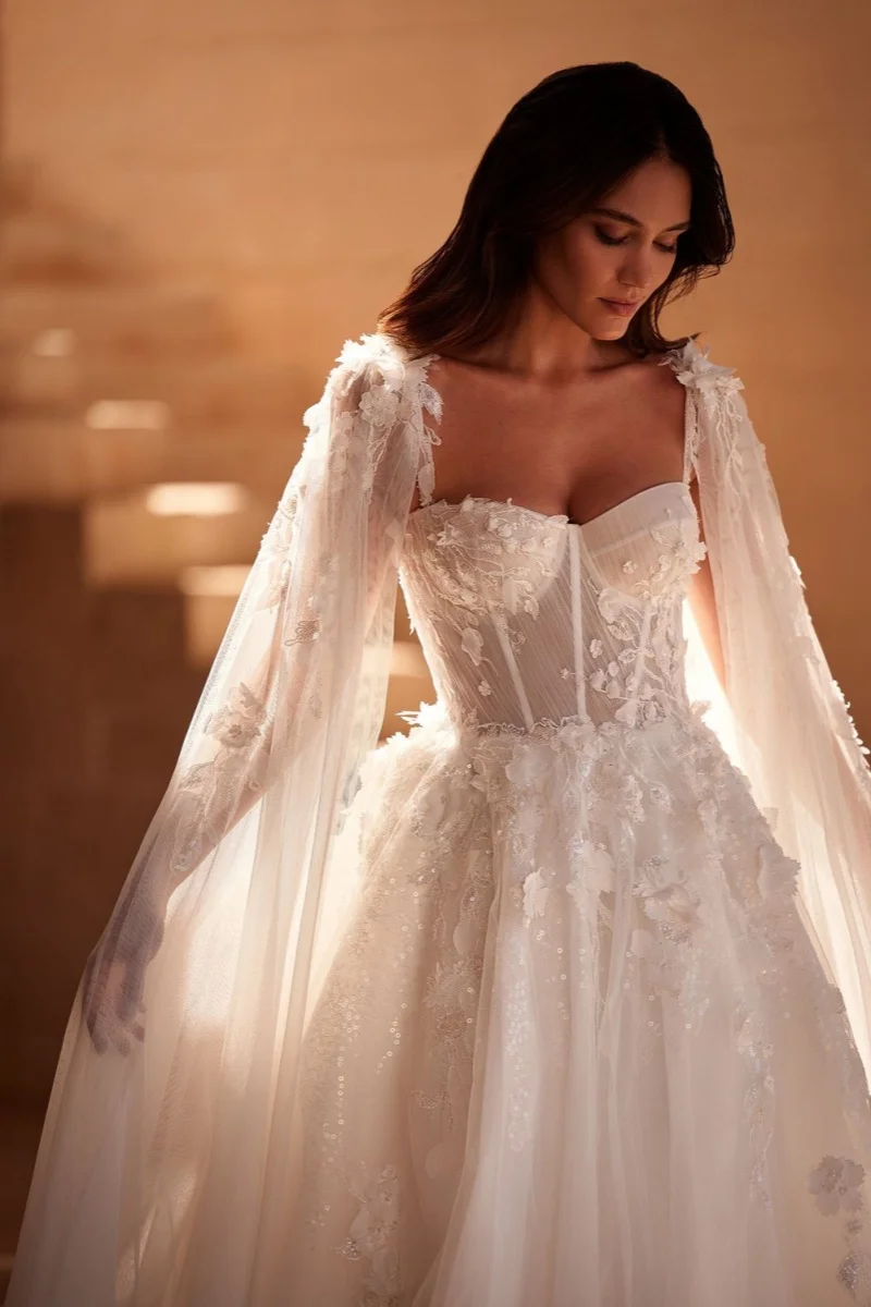 Enchanting Fairy Style White Ornate Floral Cape Sophisticated Bridal Outfit Suitable For Grand Ceremony & Reception Customized