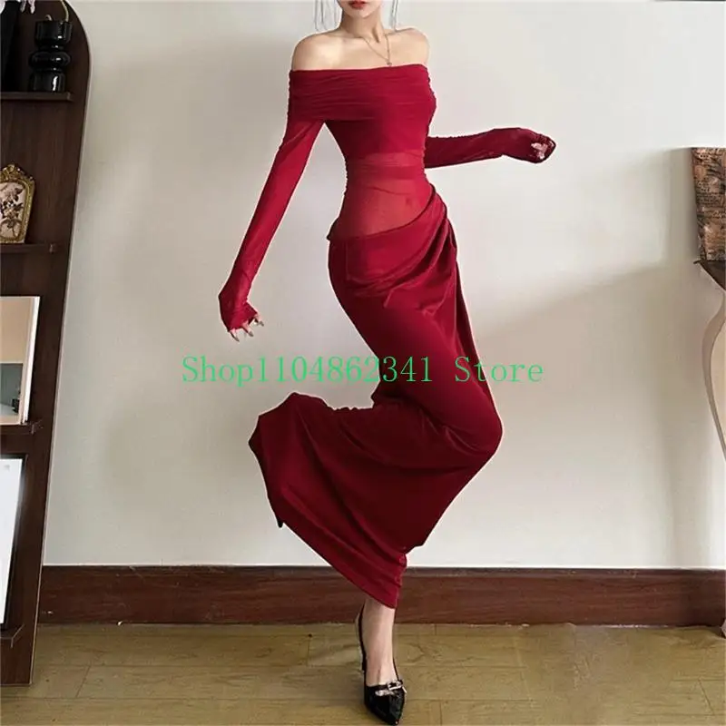 فستان طويل الأكمام بدون أكتاف مكشكش شفاف من خلال شبكة Bodycon فستان أنيق بفتحات ملفوفة على الورك للحفلات المسائية للنساء