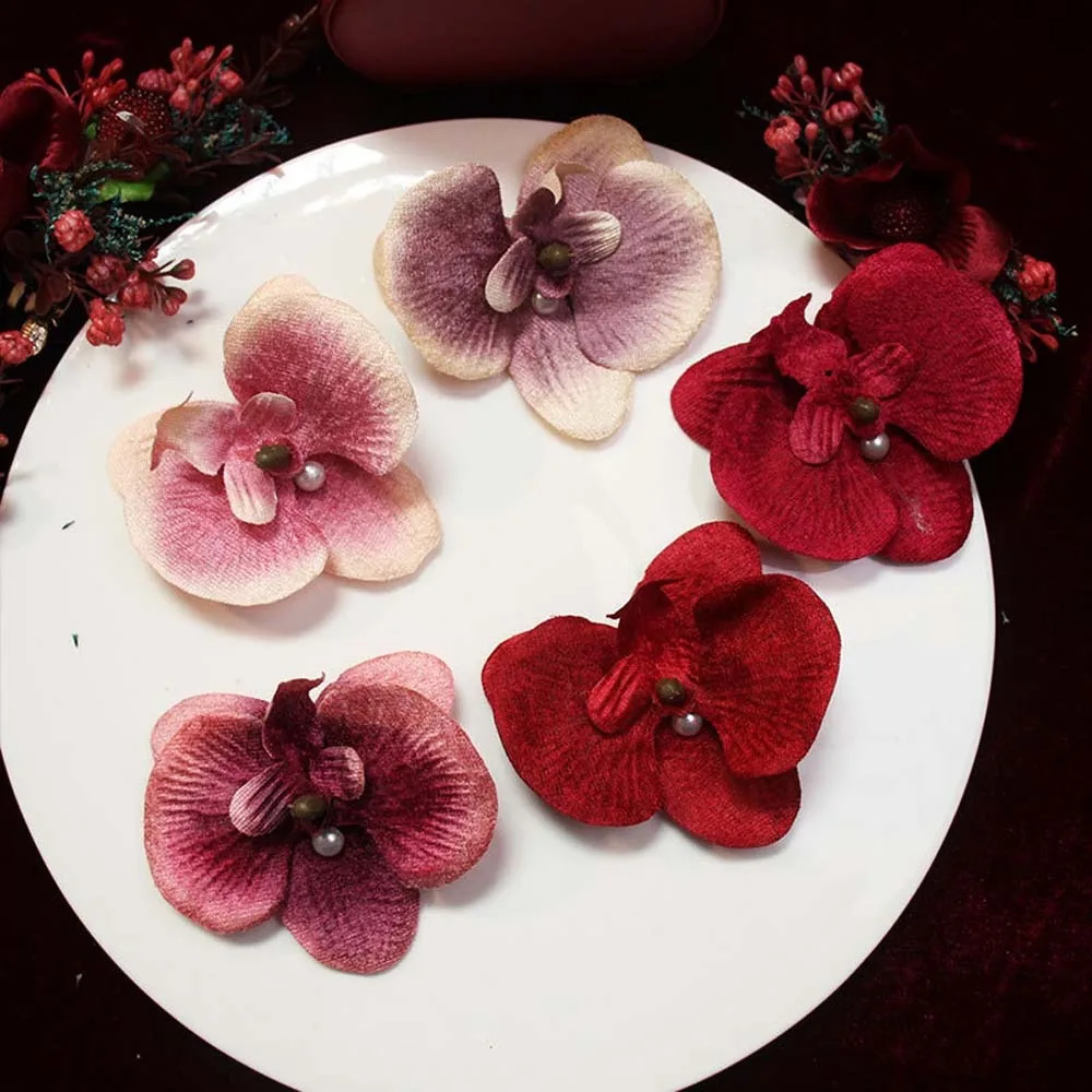 

3pc/set Sweet Butterfly Orchid Hair Clip Pearl Cloth Bride Flower Side Clip Seaside Vacation Headwear Red Chinese Style Hairpin