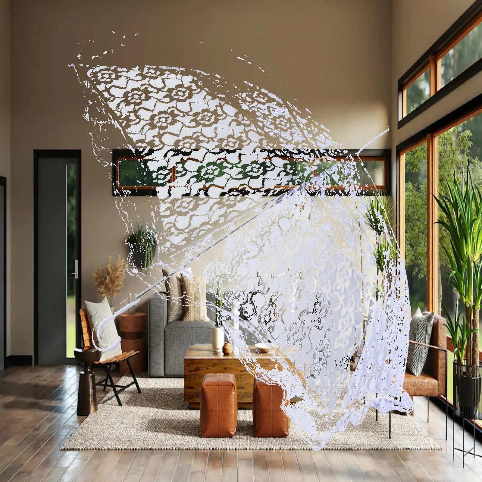Lace Canopy Parasol Umbrella for Women Outdoor Photo Prop Elegant Floral Design Sun Blocking Compact Hook