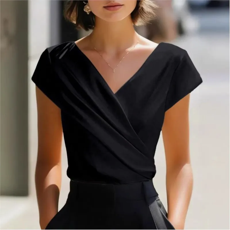 

Elegant Basic Women's Blouse Top 2026 Summer Short Sleeves V-neck T-shirt Slim Fit Wrap Casual Pullover Shirts Office Lady