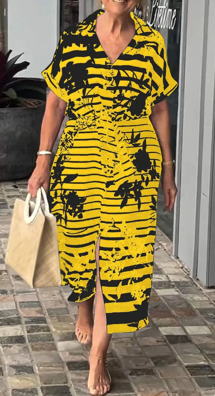 

Temperament Commuting Dress Fashion Lapel Single Breasted Short Sleeved Lace Up Dress Elegant Lace Up Split A-line Long Dresses