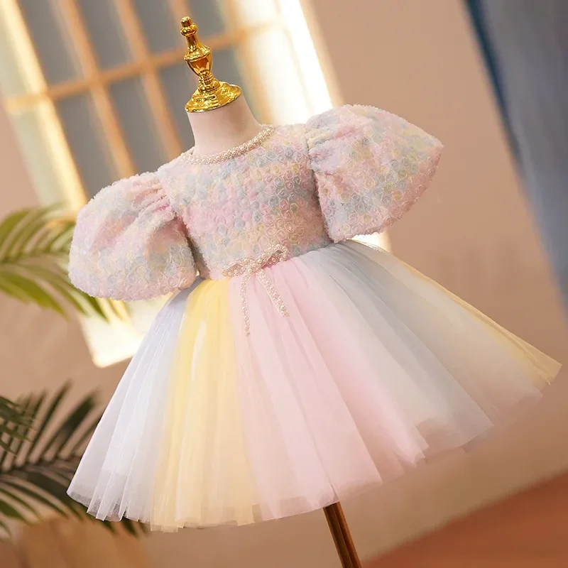 Rainbow Girls Spanish 3D Floral Ball Gown Children's Princess Dresses Infant Birthday Wedding Party Dress kids Boutique Clothes