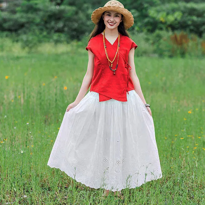 

Literary Summer Cotton High Waist Skirt Women's Elastic Waist With Empty Lace In The Long White Fairy Small Fresh Half Skirt