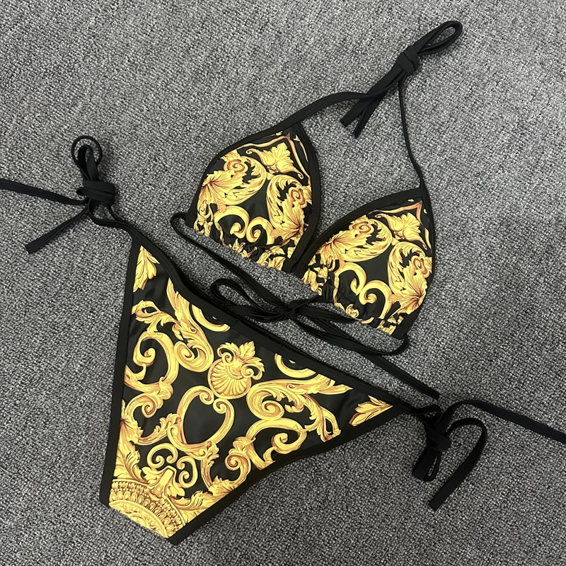 New Sexy Swimsuit Golden Floral Print Two Piece Bikini Female Brazilian Bather Bathing Suit Women Swimwear Beach biquínis