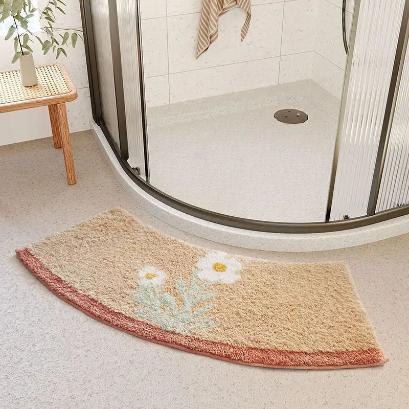 Bathroom arc floor mat shower room solid color household water absorption fan-shaped foot pad bath non-slip carpet door mat.