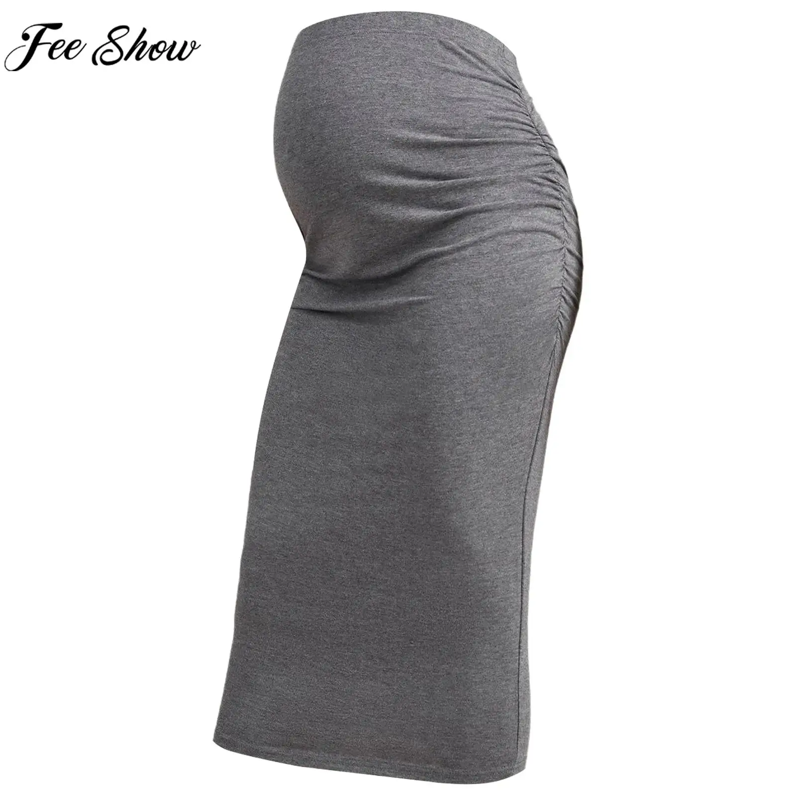 

Pregnant Women Summer Casual Soft Skirt Stretchy Ruched Midi Pencil Wrap Bump Belly High Waist Skirts Party Work Street Clothes