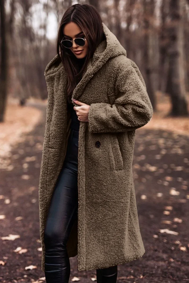 Women\'s Autumn and Winter New Fashion Woolen Coat Solid Color Loose Long-sleeved Casual Woolen Hooded Single-button Long Coat