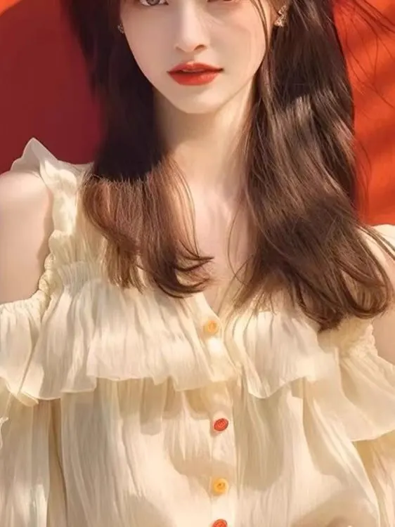 Faionable Chic Women's irt Unique Design Sweet Sle V-Ne Flounce Sve Loose Fit Spring 2025 Trendy Top