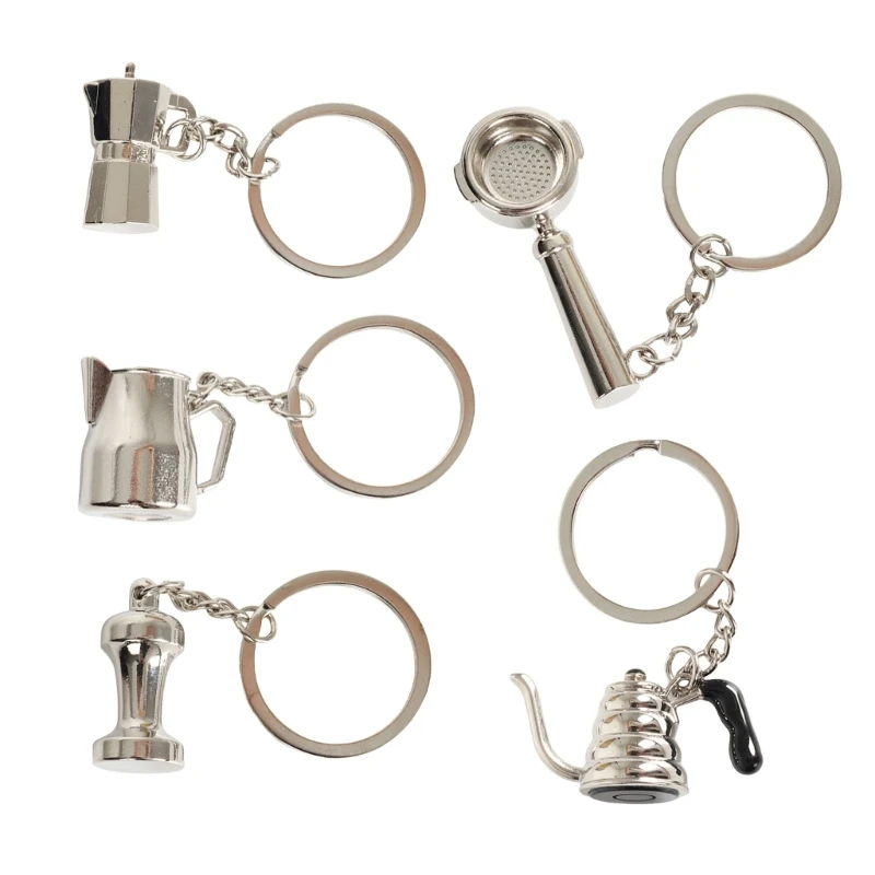 5 Pack Coffee Lover Present Metal Portafilter Keyring Coffee Machine Key Jewelry Metal Texture for Espresso Enthusiasts